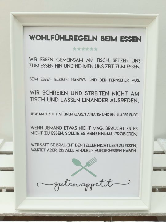 Wohlfühlregeln beim Essen - Kunstdruck DinA4 mit Rahmen