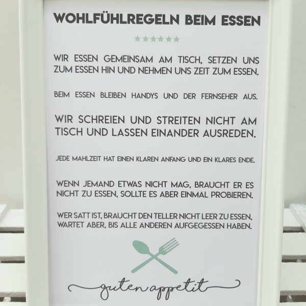 Wohlfühlregeln beim Essen - Kunstdruck DinA4 mit Rahmen