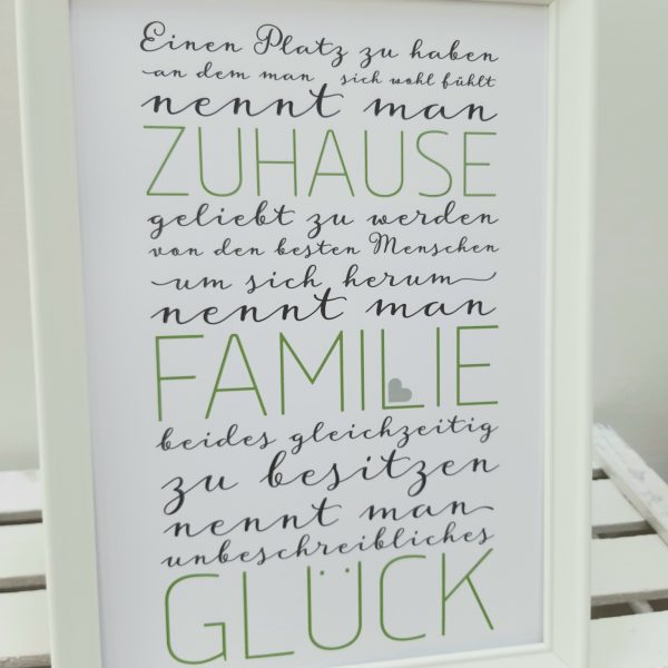 Zuhause - Familie - Glück // Kunstdruck DinA4 mit Rahmen