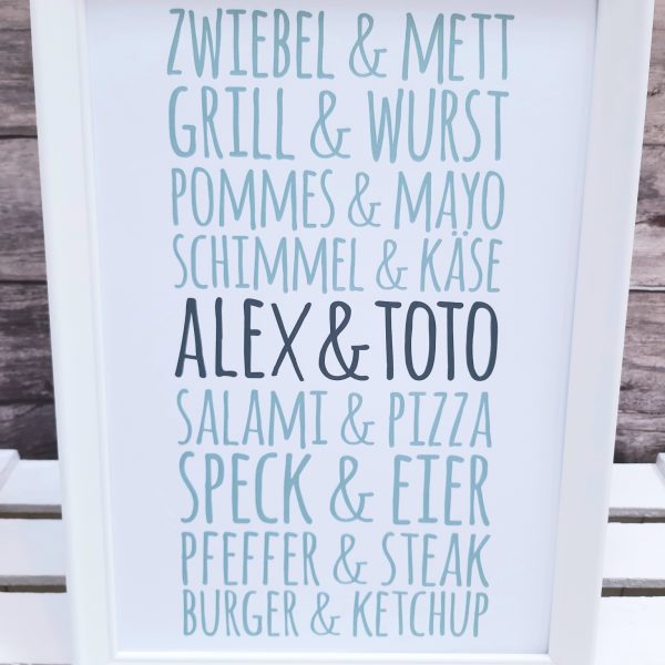 Hochzeitsbild "Zwiebel & Mett" personalisiert - Kunstdruck DinA4 mit Rahmen