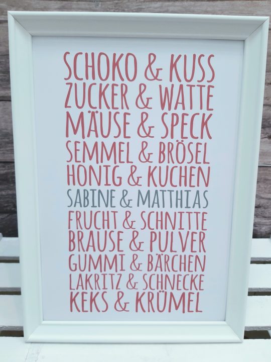 Hochzeitsbild "Schoko & Kuss" personalisiert - Kunstdruck DinA4 mit Rahmen