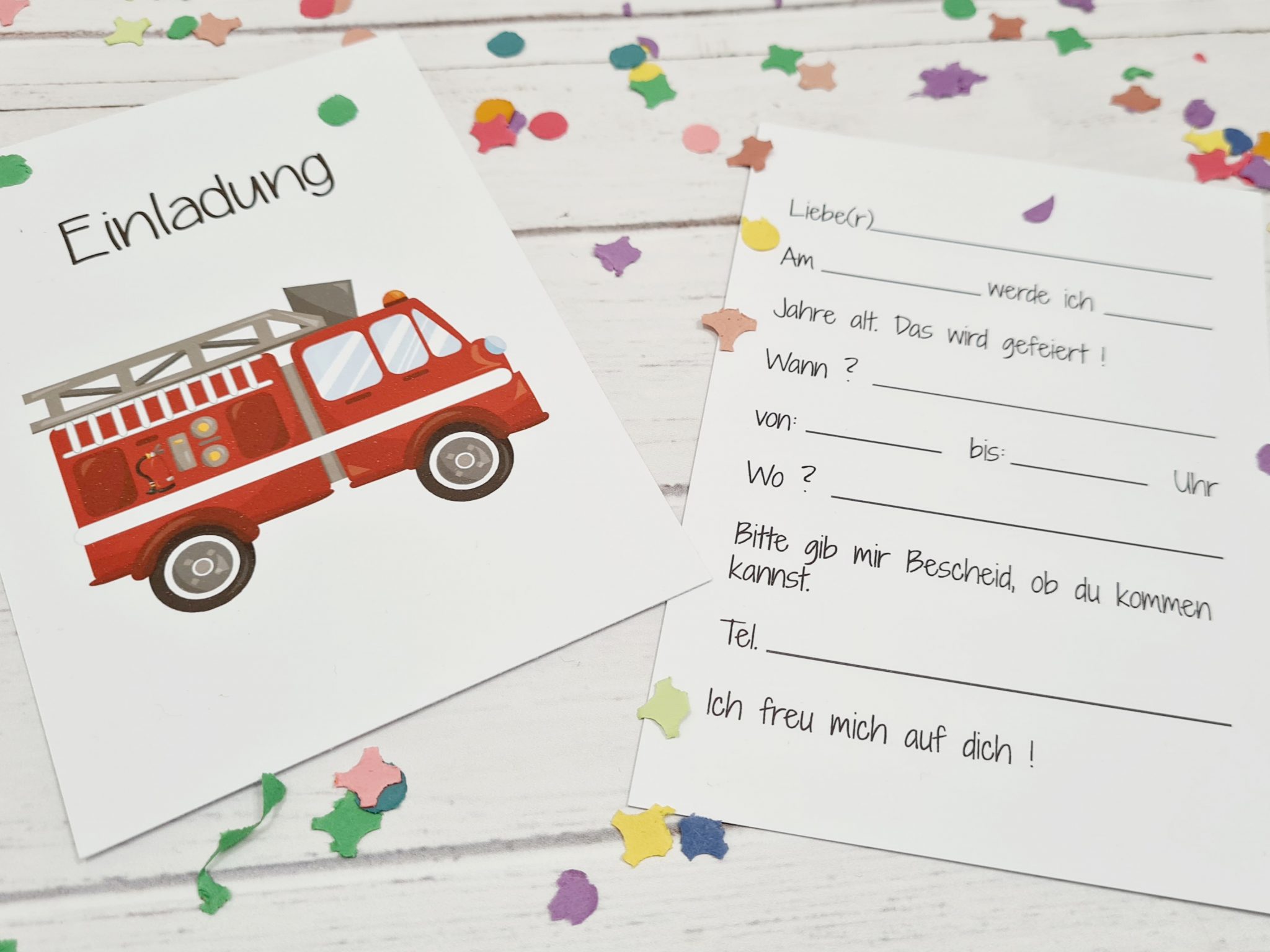 5er Set Geburtstagseinladung / Kindergeburtstag - Feuerwehr - CoriBri