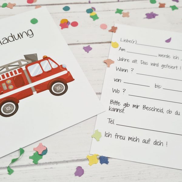 5er Set Geburtstagseinladung / Kindergeburtstag - Feuerwehr