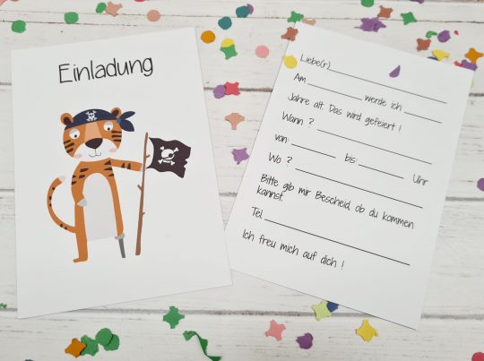 5er Set Geburtstagseinladung / Kindergeburtstag - Pirat Tiger