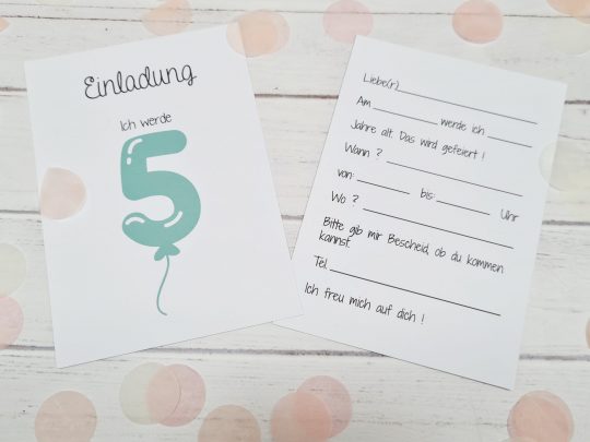 5er Set Geburtstagseinladung / Kindergeburtstag - Luftballonzahl 1-9 zur Auswahl