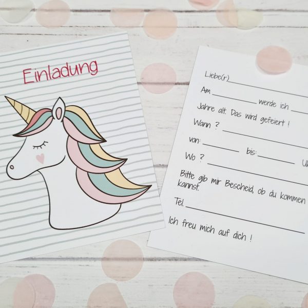 5er Set Geburtstagseinladung / Kindergeburtstag - Einhorn