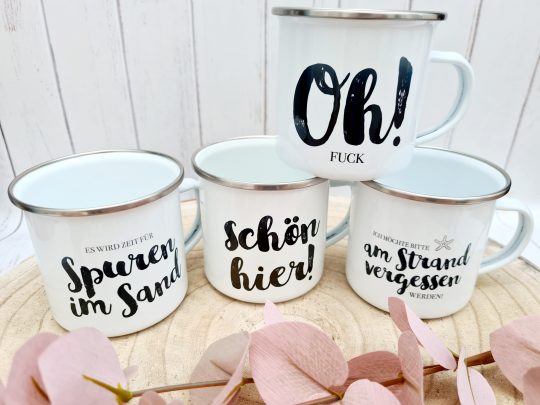 Tasse Emaille mit verschiedenen Sprüchen zur Auswahl