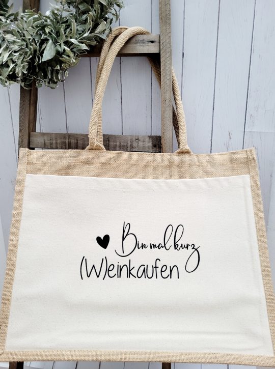 Große Tasche // Shoppen // Einkaufstasche // Strandtasche mit Aufdruck - Bin kurz (W)einkaufen - – Bild 2