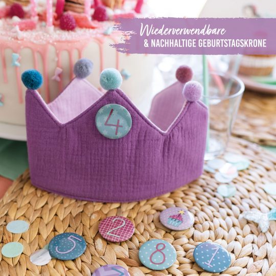 Geburtstagskrone zum Wenden aus Musselin – Lila / rosa – Bild 3