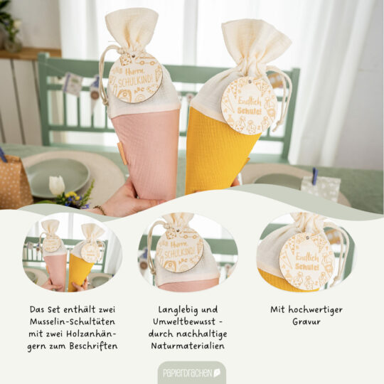 Mini Schultüte aus Musselinstoff - Geschwistertüte – Bild 3
