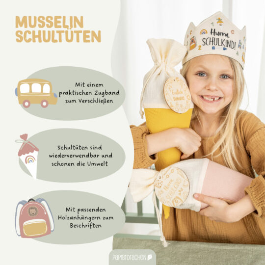 Mini Schultüte aus Musselinstoff - Geschwistertüte – Bild 5